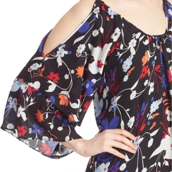 Parker Silk Mini Dress - Cold Shoulder - Black Floral - Picture 3 of 13